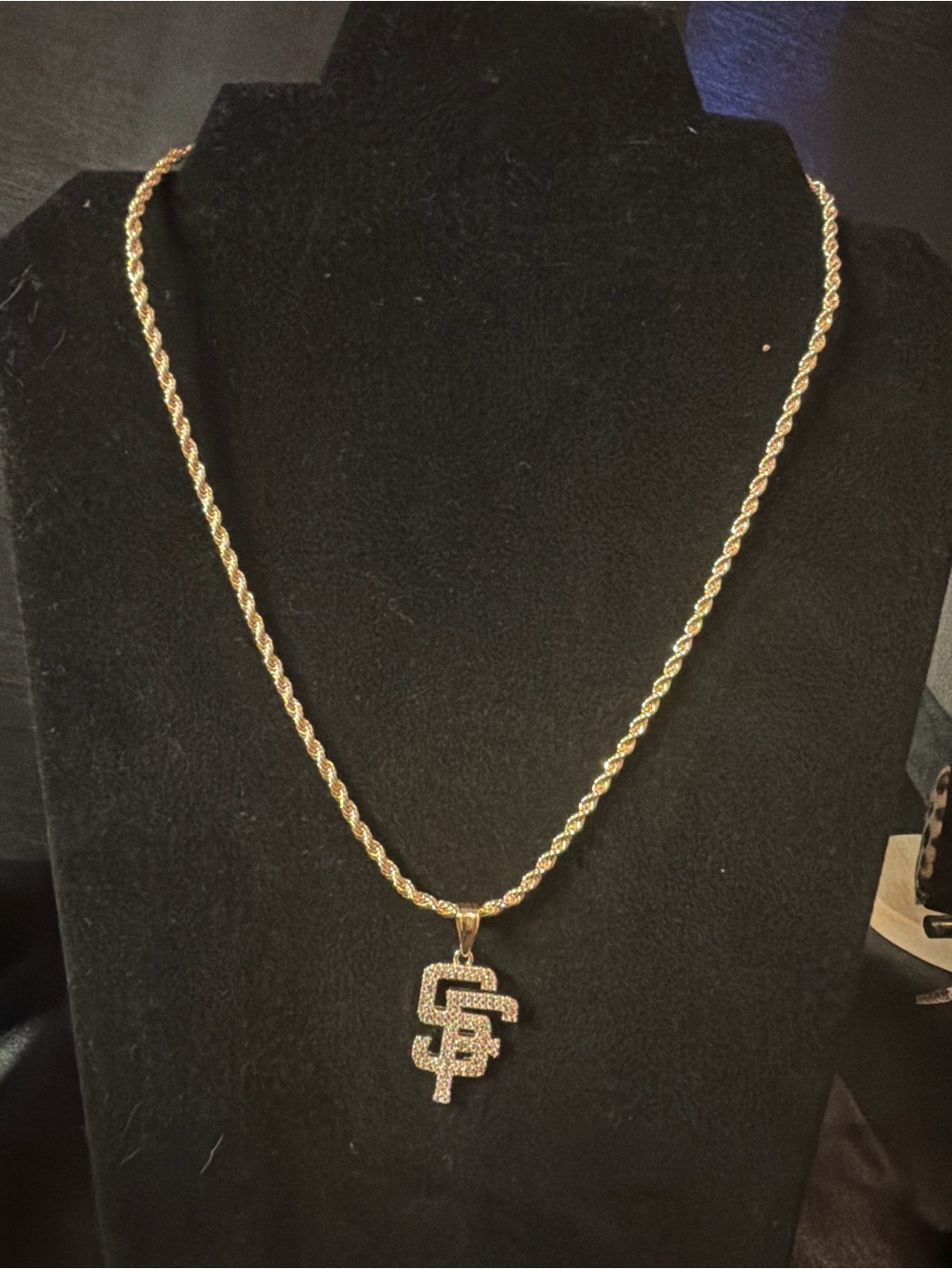 Gold plated Tone Rope Chain Necklace with Pave Initial Pendant